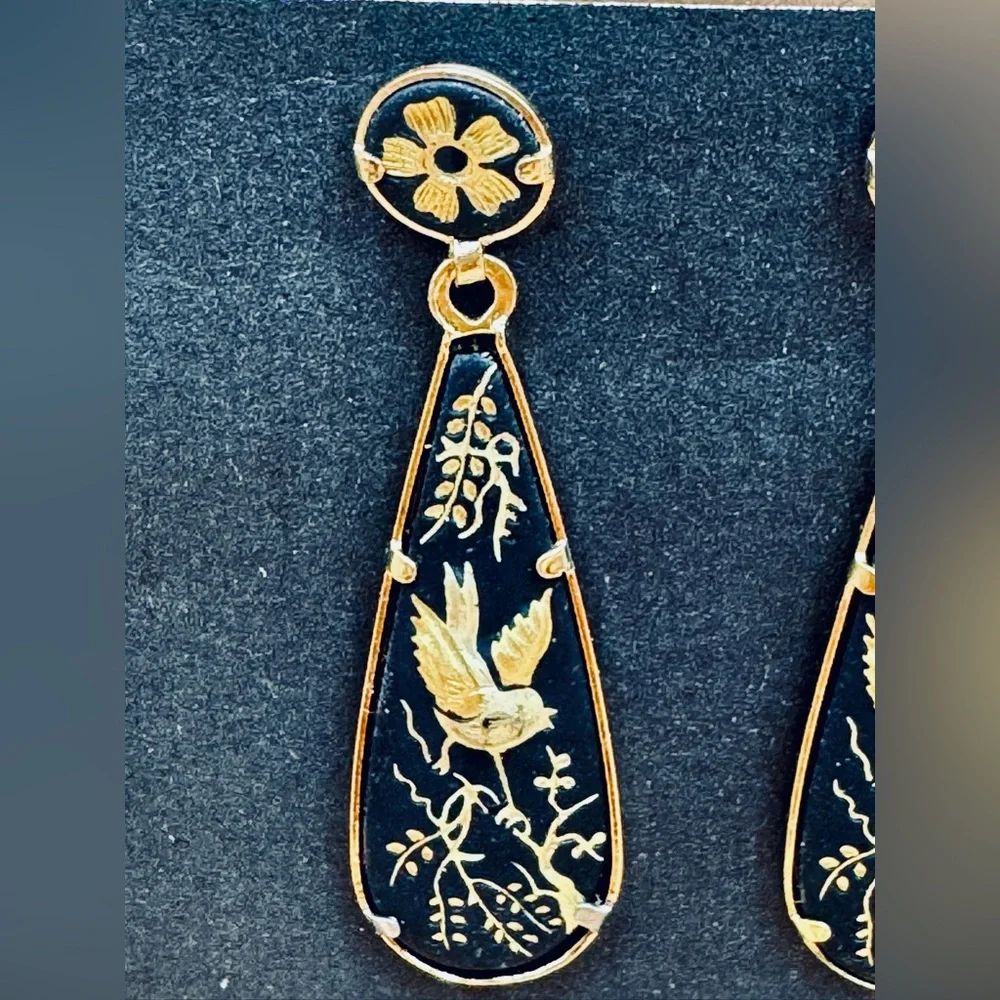 Alia Black and Gold Floral Bird Earrings - Picture 2 of 8